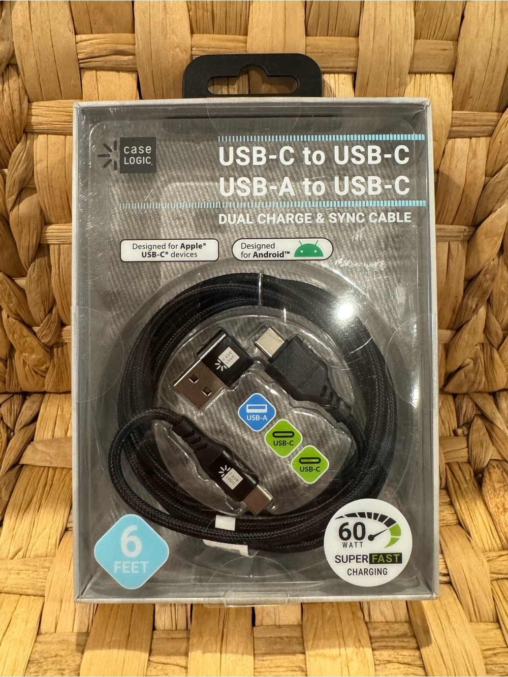 Duel Charging & Sync Cable 6 ft. Black USB-C to USB-C & USB-A to USB-C